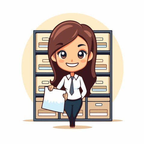 Cartoon businesswoman standing in the office and holding documen