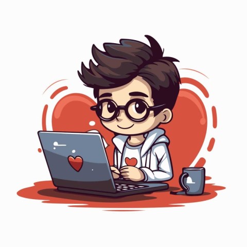 Cute boy with laptop and cup of coffee. Vector illustration.