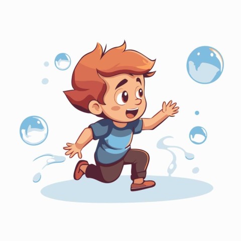 Cute little boy playing with soap bubbles. Vector cartoon illust