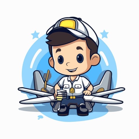 Cute pilot boy and airplane cartoon character vector illustratio