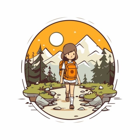 Hiking girl with backpack in the mountains. Vector illustration