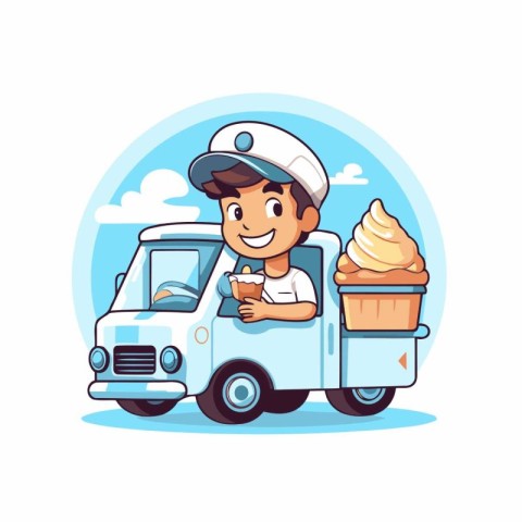 Cute little boy in chef hat and uniform with ice cream truck. Ve