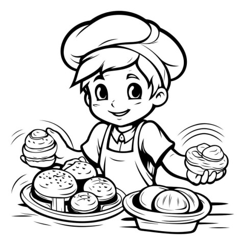 Baker - Black and White Cartoon Illustration of a Bakery Boy wit