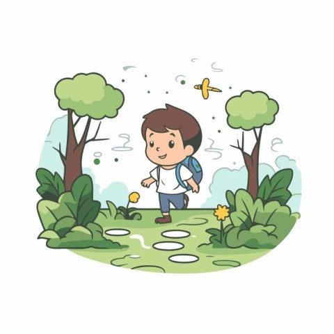 Boy playing in the park. Cute cartoon character vector illustrat