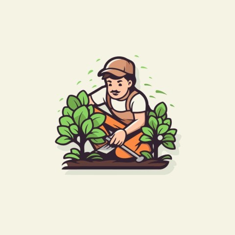 Gardener working in the garden. Flat vector cartoon illustration