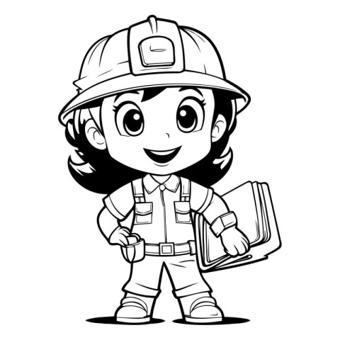 Firefighter Girl - Black and White Cartoon Illustration. Isolate