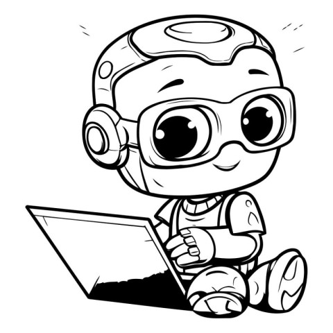 Black and White Cartoon Illustration of Kid Boy with Laptop Comp