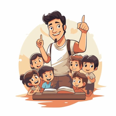 Vector illustration of teacher showing thumbs up with group of c