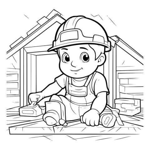 Black and White Cartoon Illustration of Cute Little Boy Construc