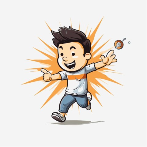 Cartoon happy boy jumping with his hands up. Vector illustration