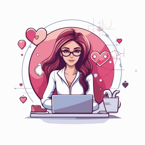 Young woman working with laptop in office. Vector illustration i