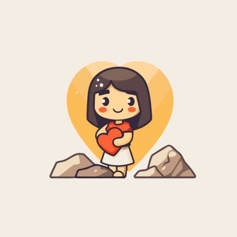 Cute little girl holding a heart. Vector illustration in cartoon