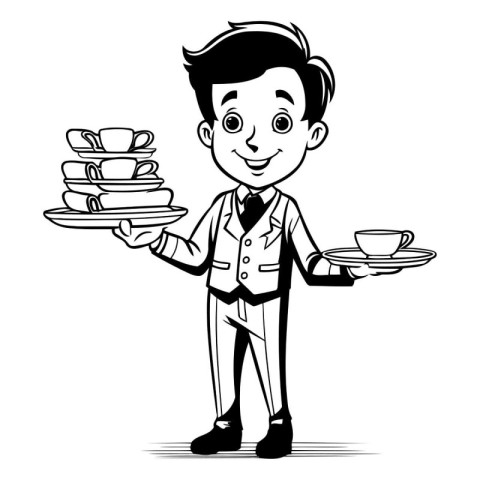 Waiter with a tray of coffee or tea. vector illustration.