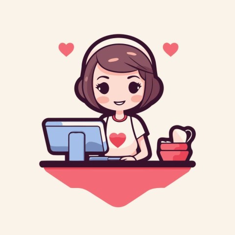 Cute girl with headset and computer at home. Vector illustration