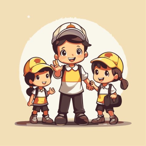 Team of children with construction worker. Vector illustration i