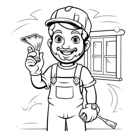 Black and White Cartoon Illustration of Happy Male Carpenter or