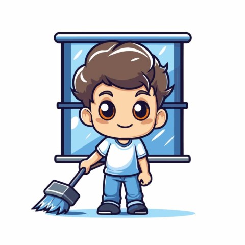 Cute Little Boy Cleaning Window With Mop. Vector illustration