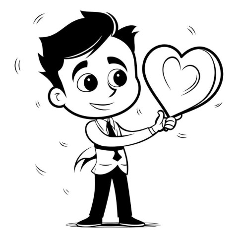 Boy Holding Heart Shape Balloon - Black and White Cartoon Illust