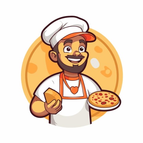 Cartoon chef with pizza and mobile phone. Vector illustration on