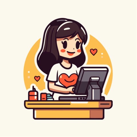 Girl working at the computer with a red heart. Vector illustrati