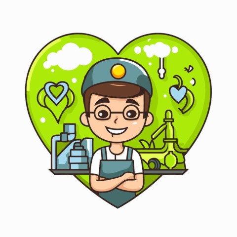 Cute boy cartoon character in heart shape with science equipment