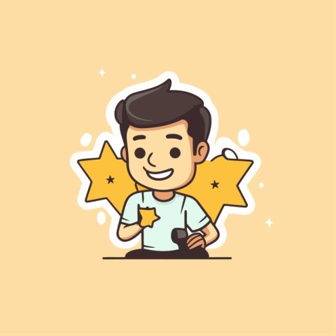 Cute boy playing video games. Vector illustration in cartoon sty