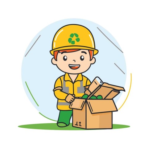 Vector illustration of a boy in a construction helmet with a box