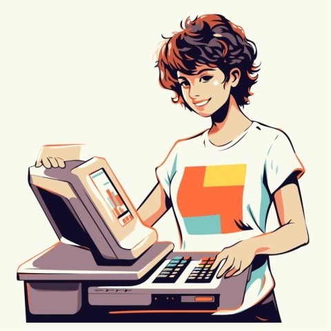 Retro styled illustration of a young man using a cash register.