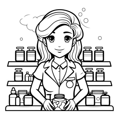 Black and White Cartoon Illustration of Female Pharmacist Holdin