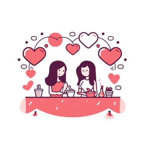 Valentine's Day greeting card with two girls sitting at table in