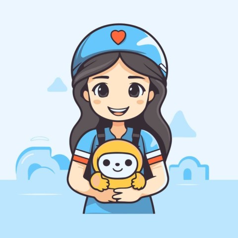 Vector illustration of a cute little girl holding a small robot