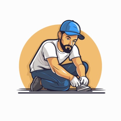 Construction worker polishing the wall with a spatula. Vector il