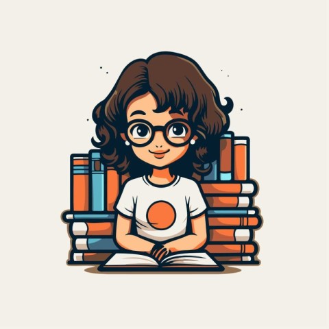 Cute little girl reading a book in glasses. Vector illustration.