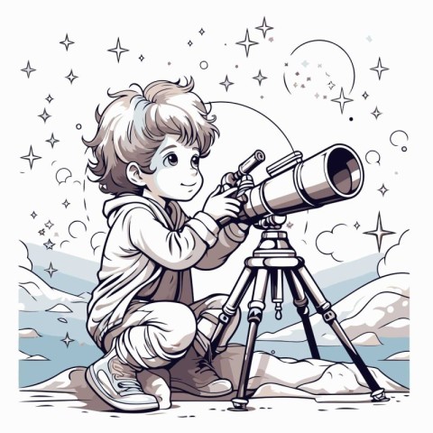 Little boy looking through a telescope in the starry sky. Vector