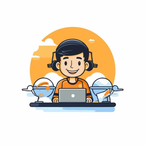 Boy with laptop and quadcopter. Vector illustration in flat styl