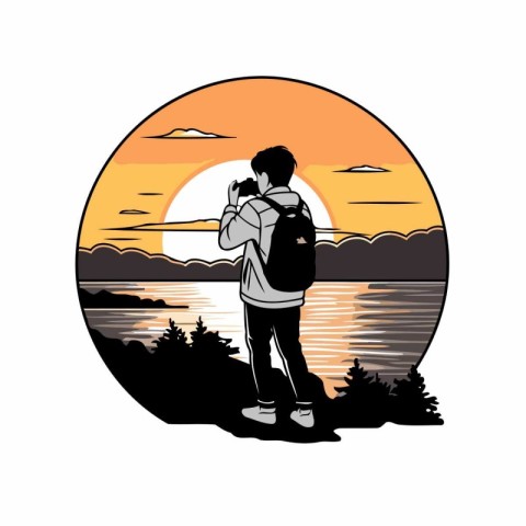 Silhouette of a photographer with a camera at sunset. Vector ill