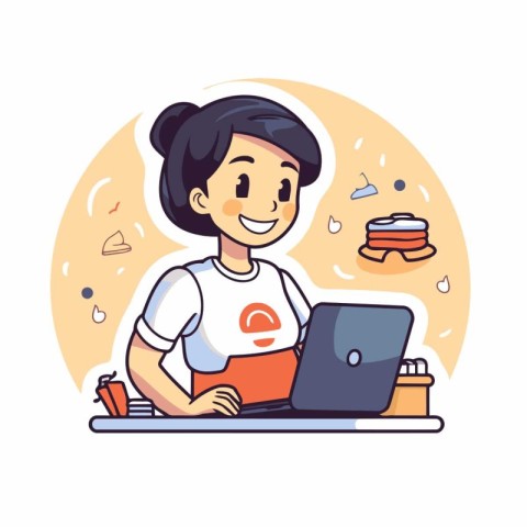 Young woman working at home with laptop. Vector illustration in