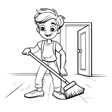 Boy sweeping the floor with a broom. Vector illustration. Colori