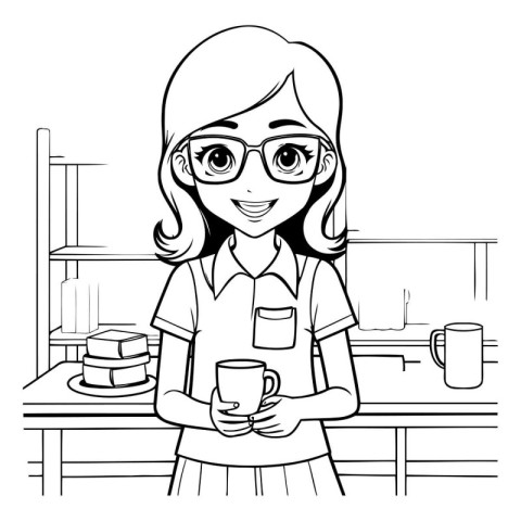 Coffee shop woman cartoon in black and white vector illustration