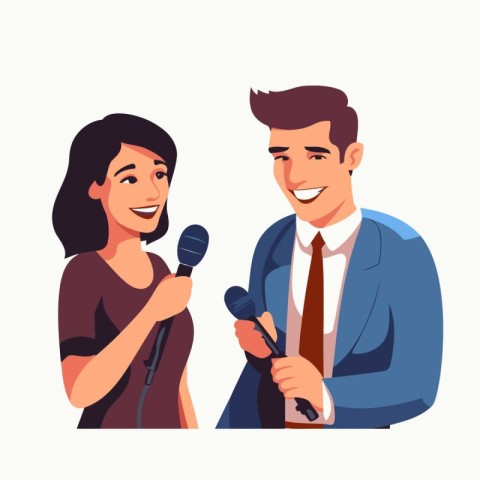 Man and woman singing karaoke together. Vector illustration in c