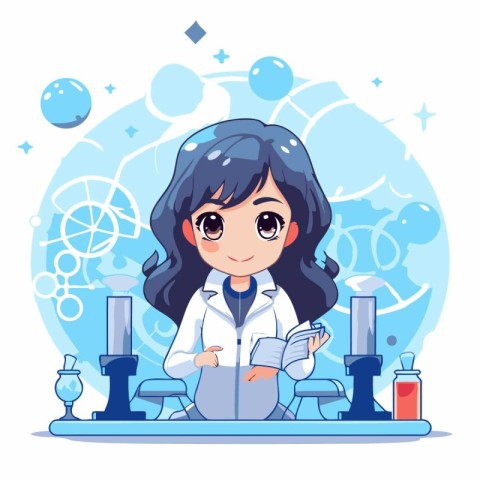 Scientist girl cartoon character in laboratory. Vector illustrat