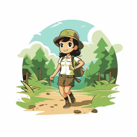 Cartoon explorer girl with backpack hiking in forest. Vector ill