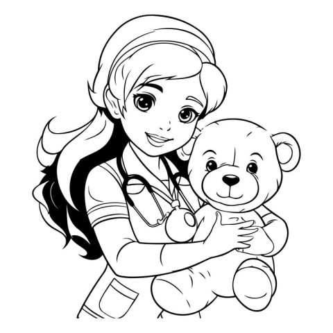 Veterinarian with a teddy bear. Coloring book for children.