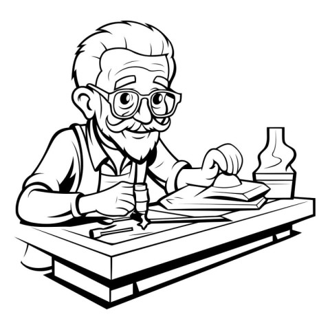 Black and White Cartoon Illustration of an Elderly Man Writing a