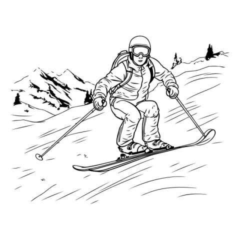 Skiing in the mountains. Black and white vector illustration.