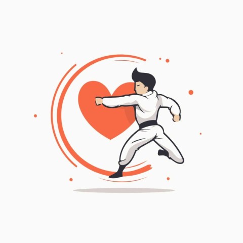 Karate man with heart in hand. Vector illustration in flat style