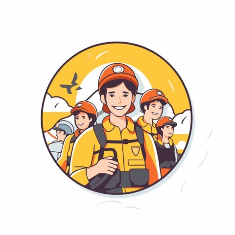 Fireman with group of people. Vector illustration in a circle.