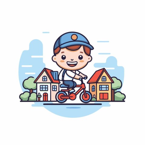 Cute little boy riding a bike in the town. Vector illustration.