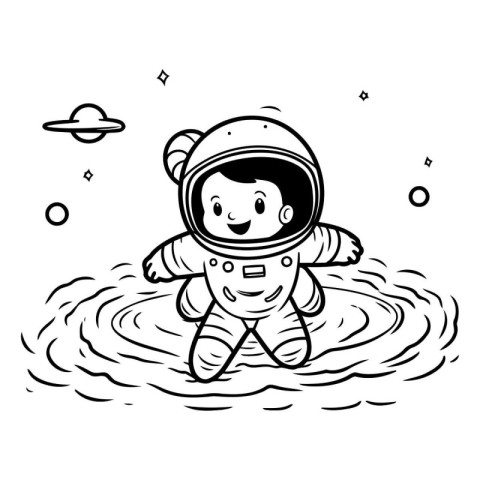 Cartoon astronaut in a puddle of water. Vector illustration.