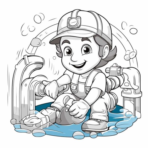 Illustration of a Kid Boy Wearing a Plumber's Hat and Having a B